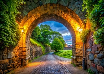 Panoramic View of the Historic Tunnel Leading to Akershus Fortress in Oslo, Norway, Showcasing Ancient Stone Walls and Lush Greenery Surrounding the Pathway