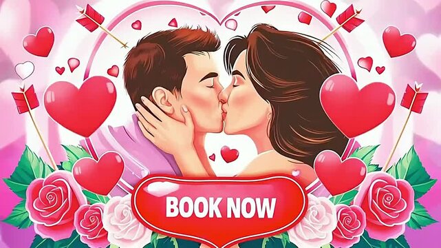 Valentines Video  loop on a couple of people kissing and call to action button &ldquo;book now&rdquo; surrounded by hearts and roses