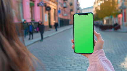 person holding smartphone with green screen in city street. background features colorful buildings and people walking. scene conveys sense of urban life and technology