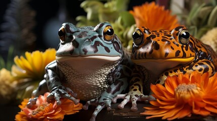 Two frogs are sitting on a table with orange flowers