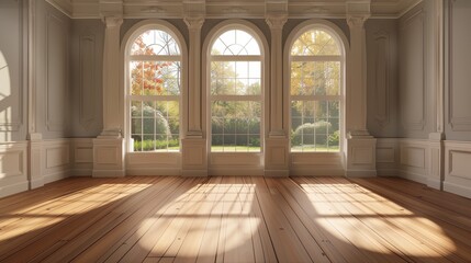 Elegant Fall Foliage Framed by Arched Windows in Luxurious Interior