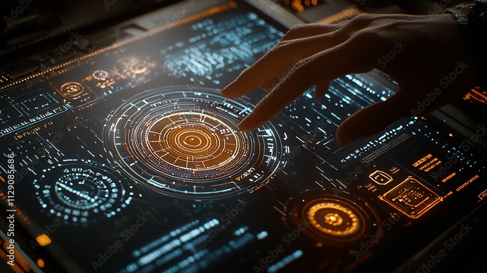 Poster hand interacting with futuristic holographic interface.