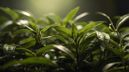Fototapeta premium A highly detailed, cinematic photograph of freshly harvested green tea leaves, with each delicate leaf intricately showcased, capturing the subtle variations in texture, shape, and color, with a shall
