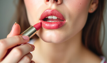 portrait of a beautiful woman painting her lips with red lipstick