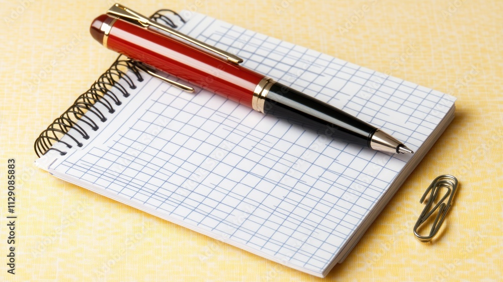 Poster a pen rests on a grid-patterned notepad beside a paperclip, suggesting organization and note-taking.