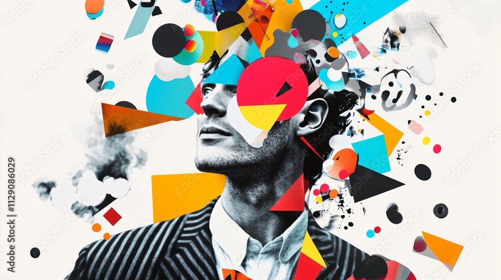 Poster abstract portrait: a man's face with geometric shapes and colorful design elements in a modern and c