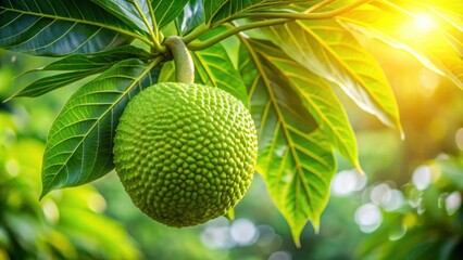 A single green fruit hangs from a branch, bathed in the warm glow of sunlight, surrounded by lush, vibrant leaves.