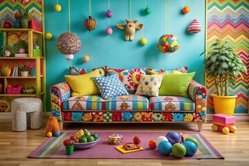 Playful and Quirky Sofa in a Colorful Children's Playroom Filled with Vibrant Decorations and Patterns for Creative Aerial Photography