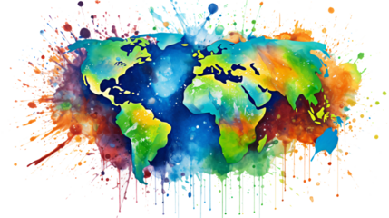 Vibrant Watercolor Illustration of Earth with Color isolated on white & transparent a background.