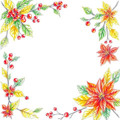 Christmas festive background featuring holly, berries and poinsettia creating a frame