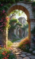 Fototapeta premium Colorful flowers and lush greenery surrounding an ancient stone archway, floral arrangement, stone arches