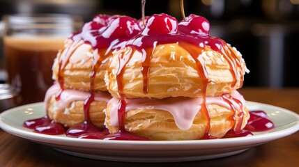 A plate of three donuts with pink frosting and a cherry on top