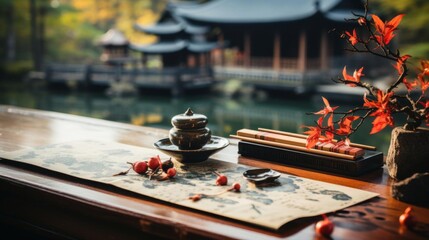 A table with a teapot, a bowl, and chopsticks