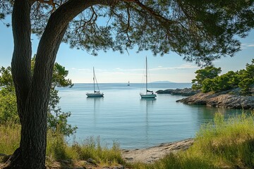 Tranquil Coastal Scene With Sailboats Anchored Near Shore