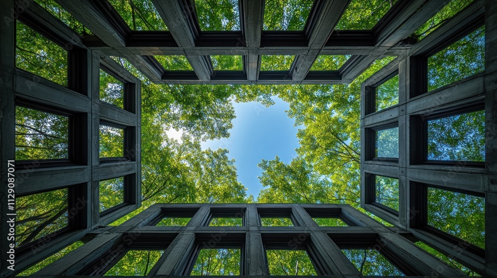 Poster a view of trees and sky through a framed structure, showcasing nature and architecture.