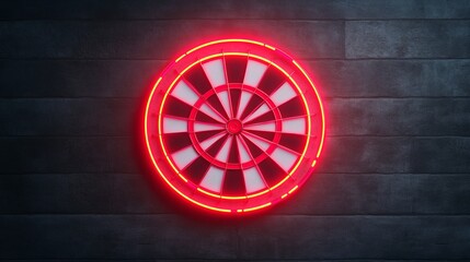 Neon Dartboard: A vibrant red neon light illuminates a classic dartboard, hanging against a textured concrete wall. The glow creates a dynamic and captivating visual, symbolizing focus, precision.