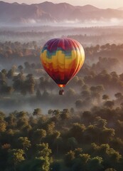 Fototapeta premium Colorful hot air balloon floats gently above the treetops at dusk, peaceful, clouds, trees