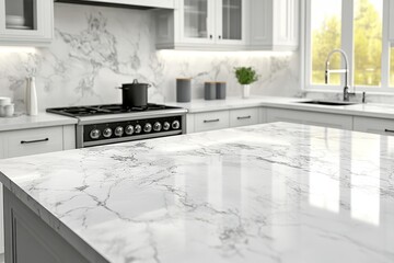 Gleaming marble kitchen island countertop in a bright, modern kitchen.