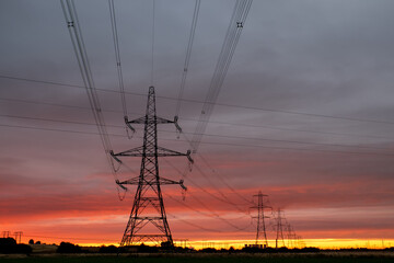 Fototapeta premium Line of electricity pylons at sunrise