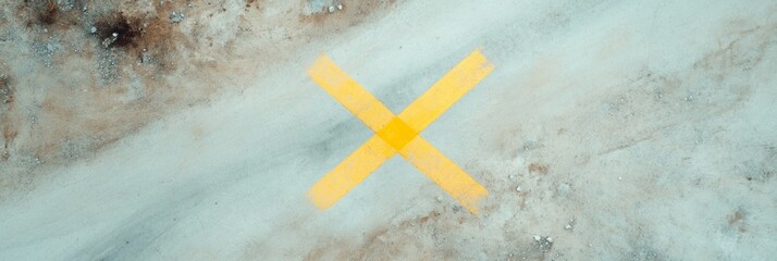 Abstract Aerial View of Desert Terrain with Yellow Cross Marking