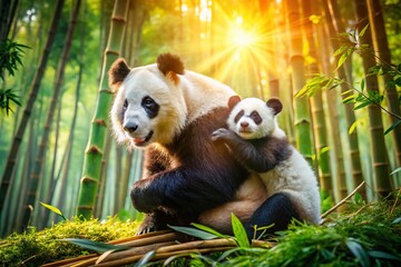 Obraz premium Playful Panda Cub Interacts with Mother in Their Natural Habitat, Capturing the Bonding Moments of Nature's Adorable Creatures in a Serenity of Green Bamboo Forest