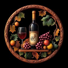 3D carved wooden bas-relief of a bottle and a glass of wine surrounded by fruit on the table with a circular frame. Image for winery.