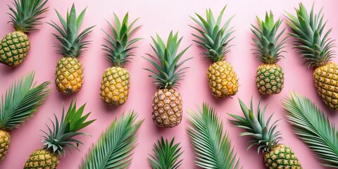 Fototapeta premium A vibrant arrangement of pineapples and palm leaves on a pink background, evoking a sense of tropical escape and summery joy.