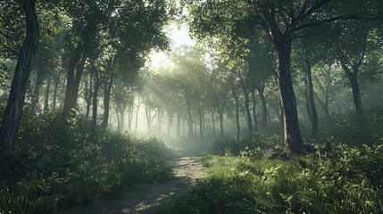 Fototapeta premium Sunlit path through a misty forest.