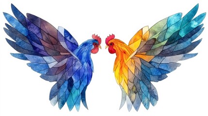 Obraz premium Vibrant watercolor illustration of two roosters facing each other, their intricate feather patterns showcasing a blend of blue and orange tones, Ideal for art projects, home decor, or food branding,