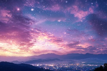 Fototapeta premium Magical Twilight Sky over Cityscape Starry Night Dreamy Purple Clouds Mountain Range