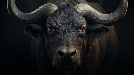 Naklejka premium A black bull with horns is staring at the camera