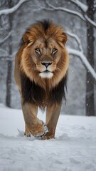 Lion in Snow Wallpaper Depicting Majestic Wildlife, Winter Beauty, Strength, Elegance, and Frozen Serenity