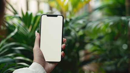 person holding smartphone with blank screen surrounded by lush greenery, conveying sense of tranquility and connection to nature