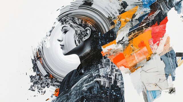 Abstract portrait of a woman with mixed media elements. Conveys emotion and artistic expression through vibrant colors and geometric shapes.