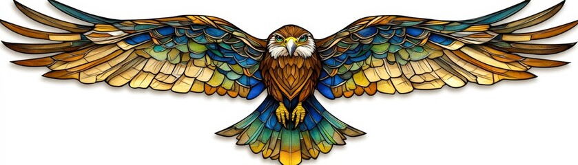Obraz premium A beautifully crafted stained glass illustration of a bird in flight, showcasing vibrant colors and intricate details, Ideal for nature-themed decor, art projects, or educational materials,