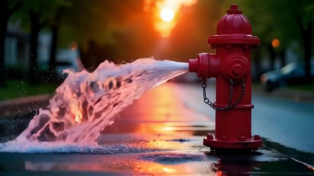 Vivid red fire hydrant releasing a stream of water into a city street