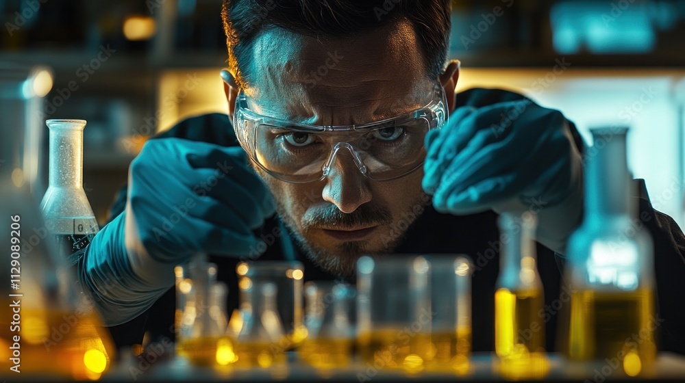 Poster a scientist in a lab focused on conducting experiments with colorful liquids.