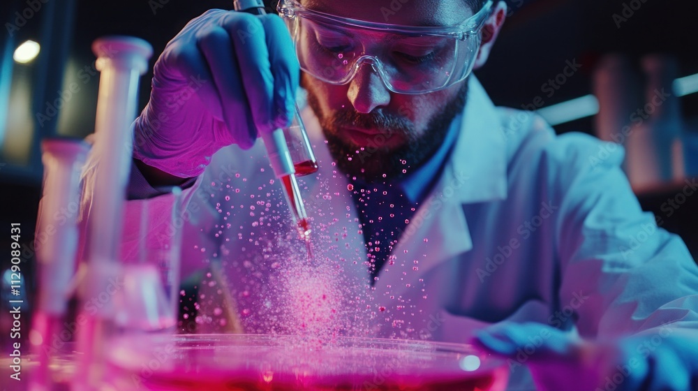 Poster a scientist conducts an experiment with colorful liquids in a laboratory setting.