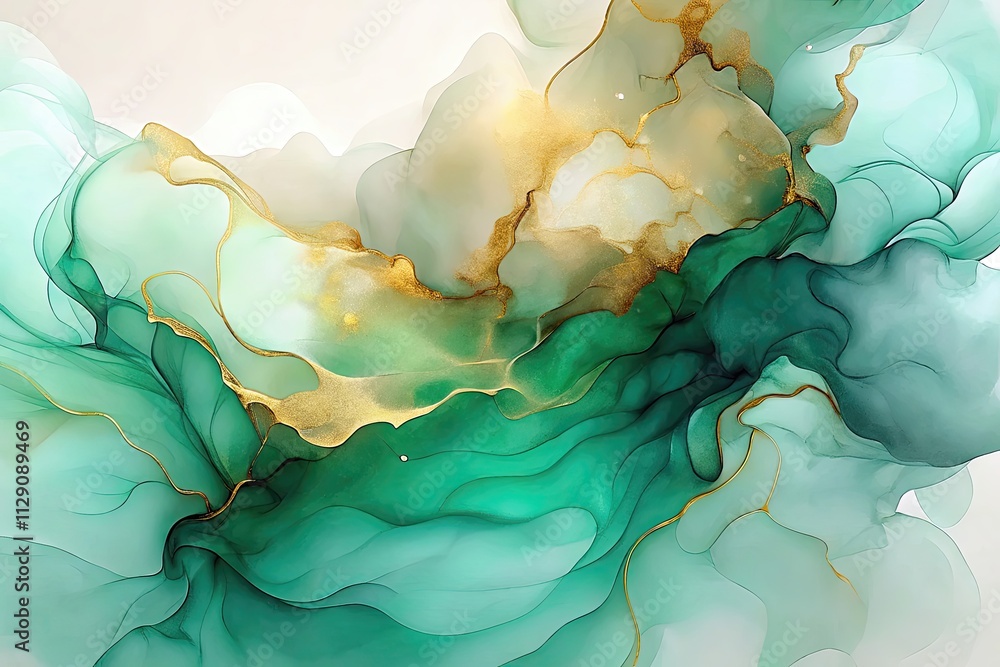 Poster fluid colors blend seamlessly together, creating waves of turquoise and gold in a harmonious abstrac