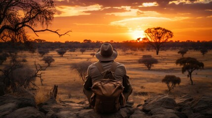 A man is sitting on a rock with a backpack on his back
