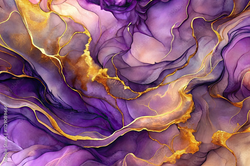 Poster Vibrant exploration of purple and gold in abstract fluid art captures an enchanting swirl of color and texture. Generative AI
