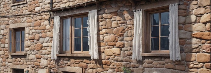 Fototapeta premium Cozy rustic stone building with white framed windows and lace curtains on a cloudy day, cozy, soft focus