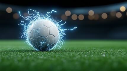 Naklejka premium Energetic Soccer Ball with Neon Blue Lightning Trail in Vibrant Outdoor Stadium - Photorealistic Sports Concept