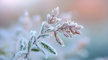 Frosted Plant Macro Shot with Soft Pastel Colors in Winter Landscape, Blurry Background, Close-Up Detail, Natural Beauty, Cold Season, Botanical, Serene, Artistic Frost Texture