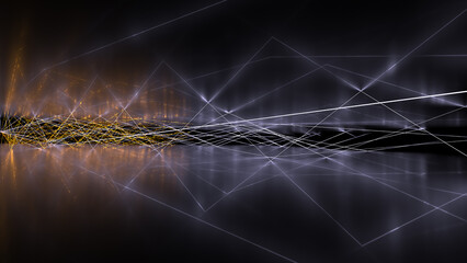 Large stage with gold and white laser beams. Overlay background wallpaper. Luxury Texture Design. Stylish fashion backdrop. 