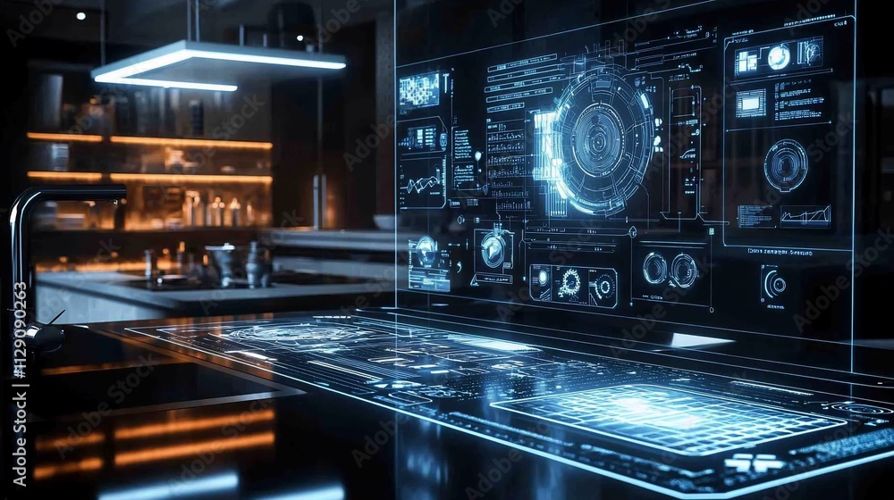 Poster futuristic kitchen with holographic smart display showing data.