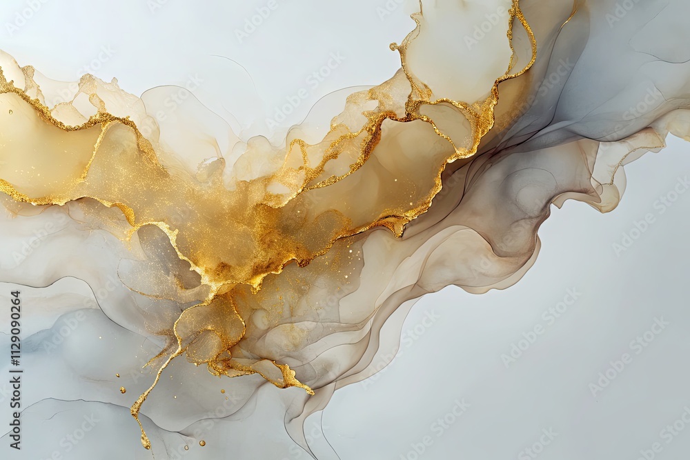 Aufkleber abstract art with flowing golden and black textures creating a mesmerizing visual effect in soft ton