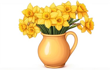 Vibrant yellow daffodils arranged in a terracotta jug create a cheerful and inviting scene, Ideal for spring-themed designs, floral arrangements, or celebratory invitations,