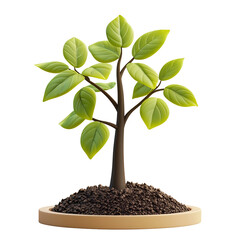 Cartoon-style 3D icon of a green tree sapling in soil on white background