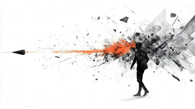 Abstract art of a man walking away from an explosion of thoughts and emotions. Depicts themes of mental health, stress, and freedom.